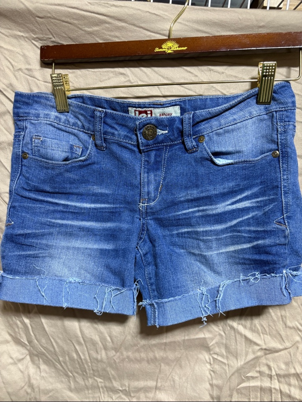 LEI Distressed Blue Denim Rolled-Hem Shorts